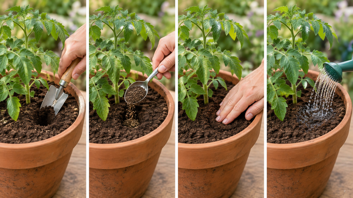 Illustrated guide showing how to apply Bug Poop: dig, add, backfill and water